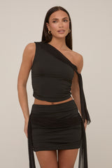 Black Tie Detail Off Shoulder Mesh Top Mini Skirt Set - Rubina