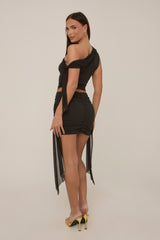 Black Tie Detail Off Shoulder Mesh Top Mini Skirt Set - Rubina