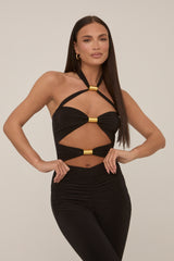 Black Metal Trim Cut Out Detail Jumpsuit - Kitty