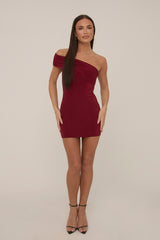Wine Off Shoulder Slinky Mini Dress - Petula