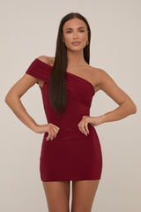 Wine Off Shoulder Slinky Mini Dress - Petula