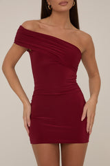 Wine Off Shoulder Slinky Mini Dress - Petula