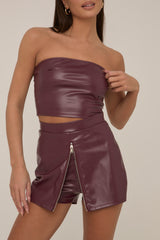 Wine Faux Leather Zip Front Top And Skort Co-ord Set - Saffron