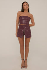Wine Faux Leather Zip Front Top And Skort Co-ord Set - Saffron