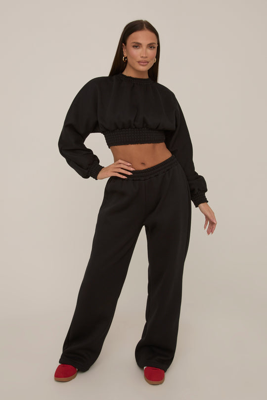 Black Crop Sweater and Wide Leg Jogger Set - Enya