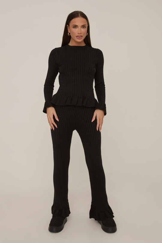 Black Frill Knit Top and Trouser Set - Tatiana