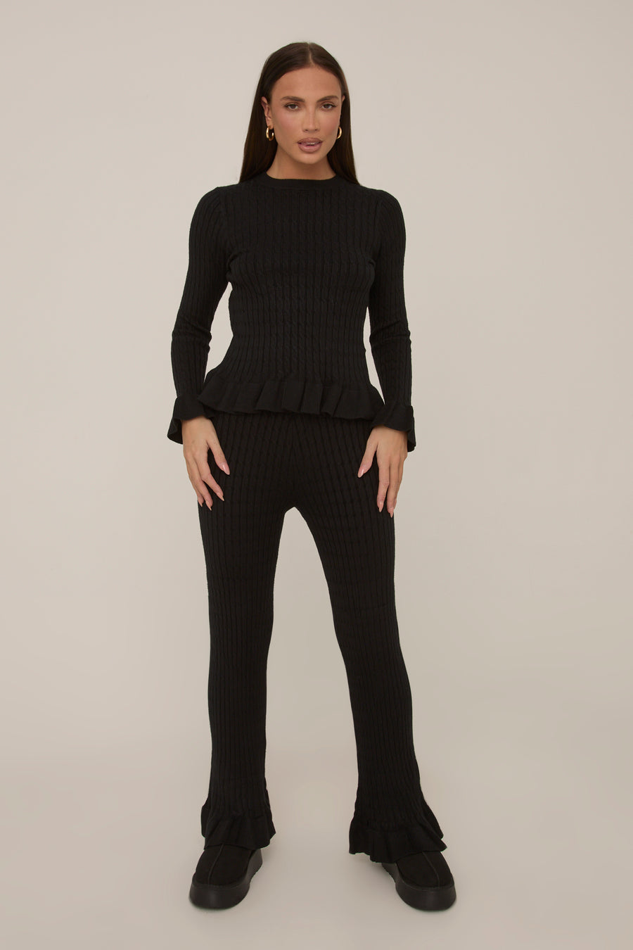 Black Frill Knit Top and Trouser Set - Tatiana