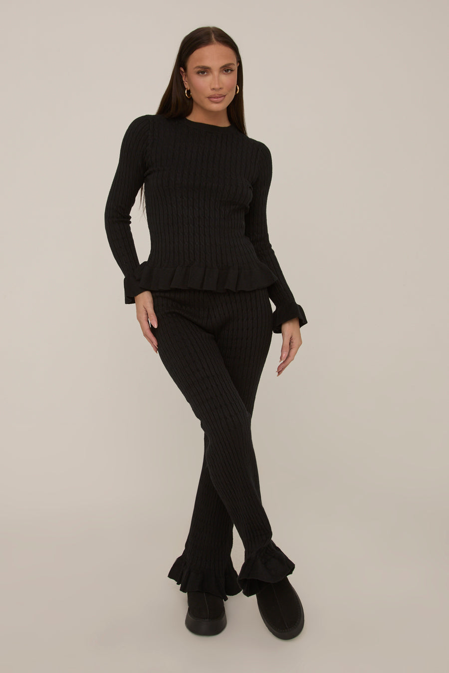 Black Frill Knit Top and Trouser Set - Tatiana