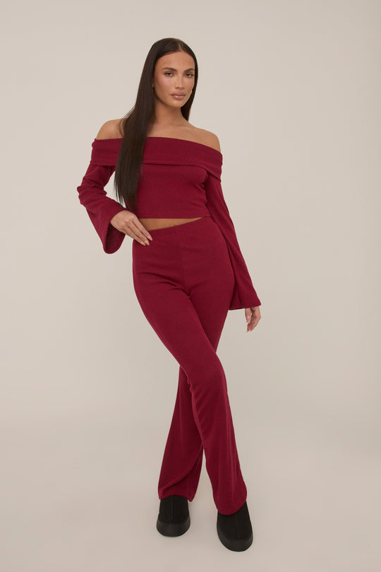 Wine Knitted Fold Down Co Ord Set - Paisley