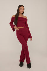 Wine Knitted Fold Down Co Ord Set - Paisley