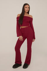 Wine Knitted Fold Down Co Ord Set - Paisley