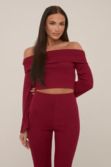 Wine Knitted Fold Down Co Ord Set - Paisley