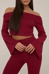 Wine Knitted Fold Down Co Ord Set - Paisley