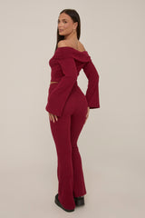 Wine Knitted Fold Down Co Ord Set - Paisley