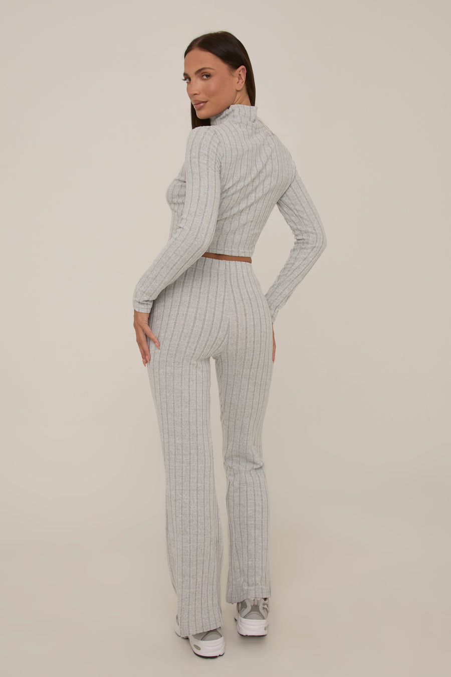 Grey Rib Knit Zip Front Trouser Set - Alison