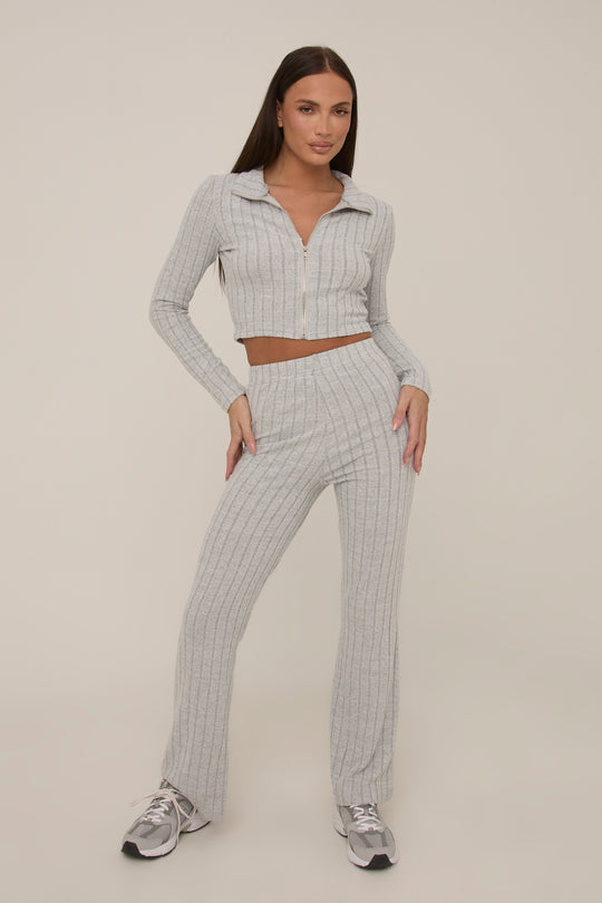 Grey Rib Knit Zip Front Trouser Set - Alison