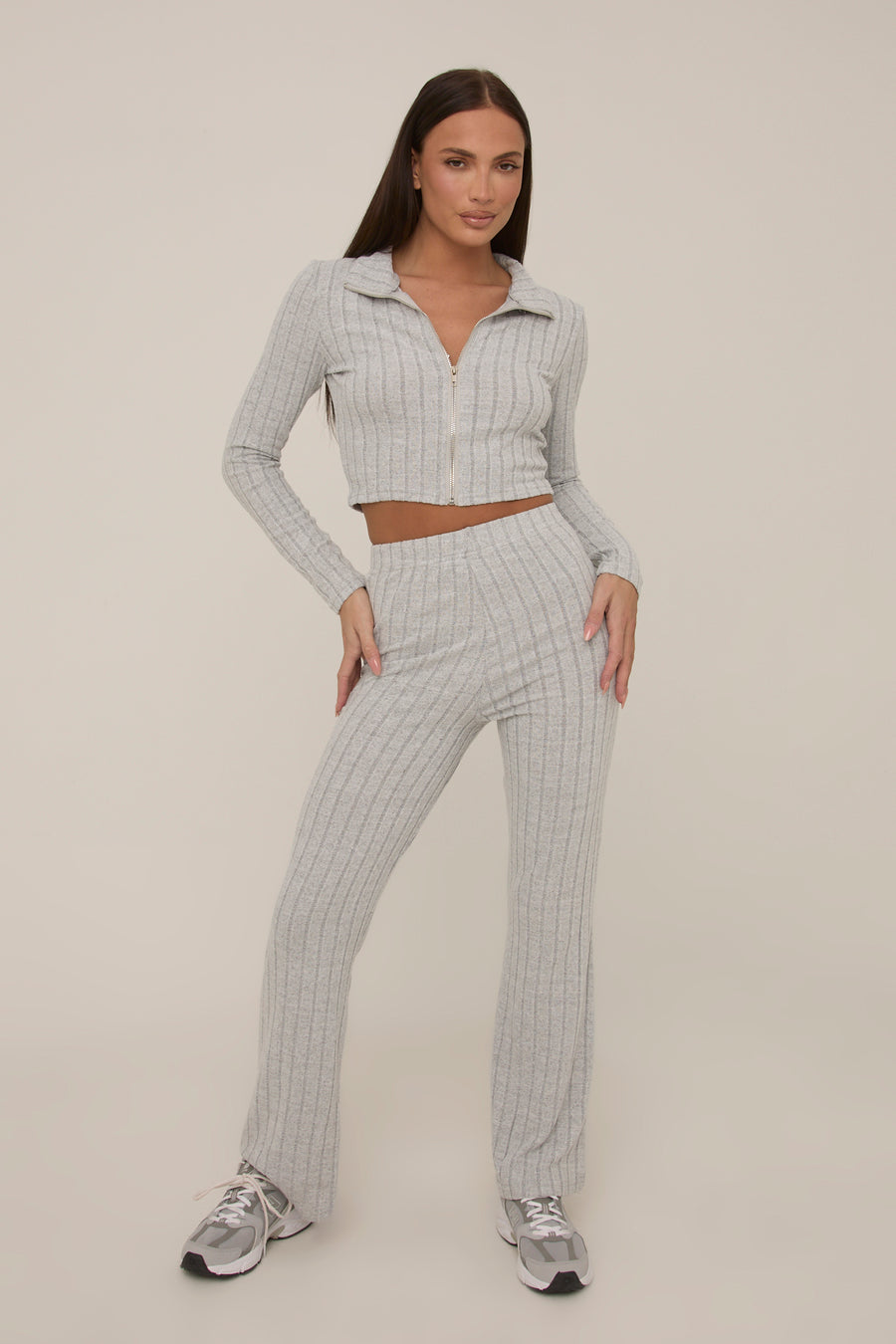 Grey Rib Knit Zip Front Trouser Set - Alison