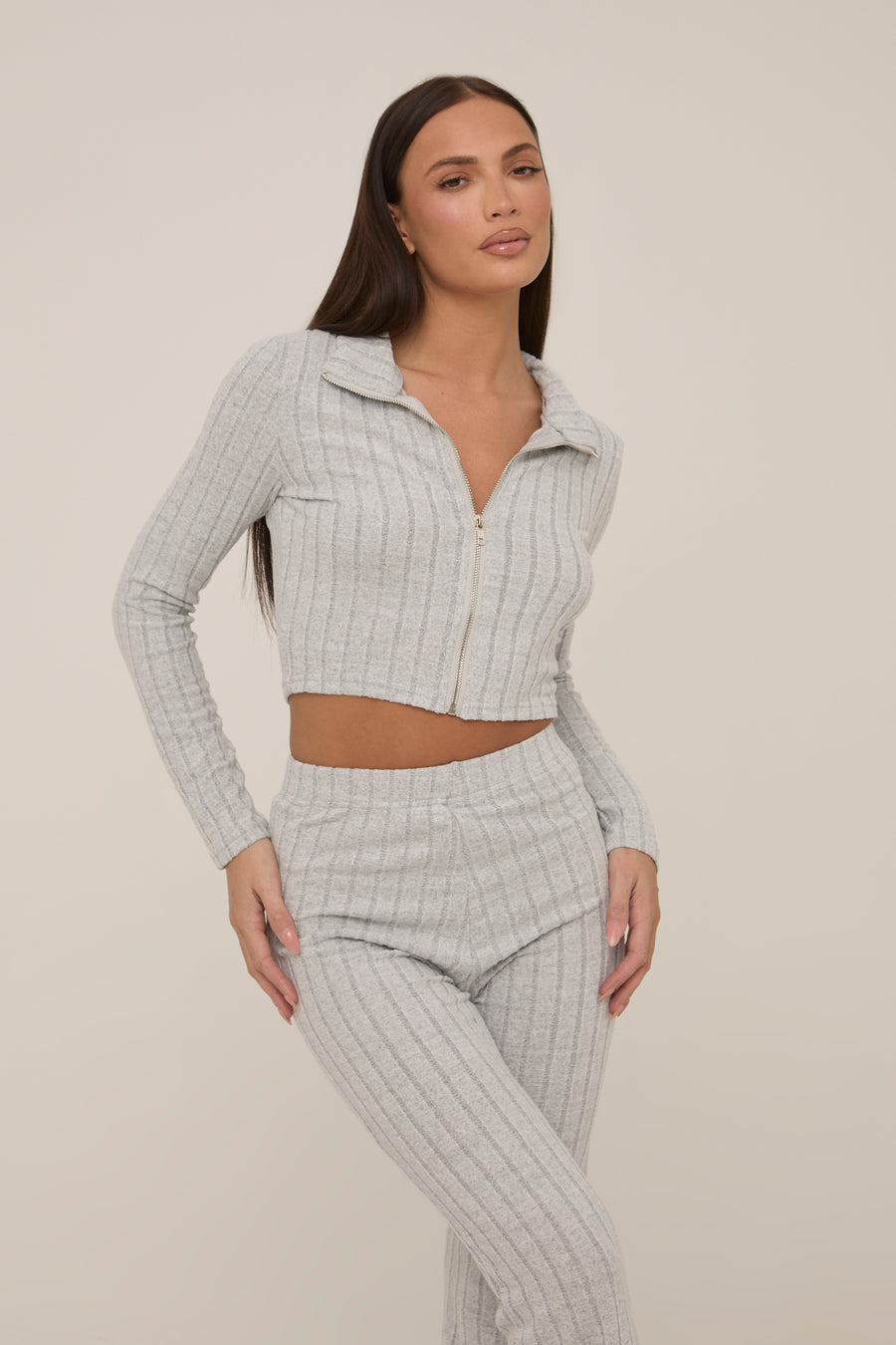 Grey Rib Knit Zip Front Trouser Set - Alison
