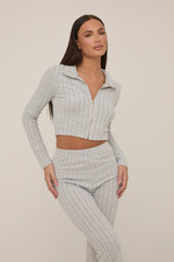 Grey Rib Knit Zip Front Trouser Set - Alison