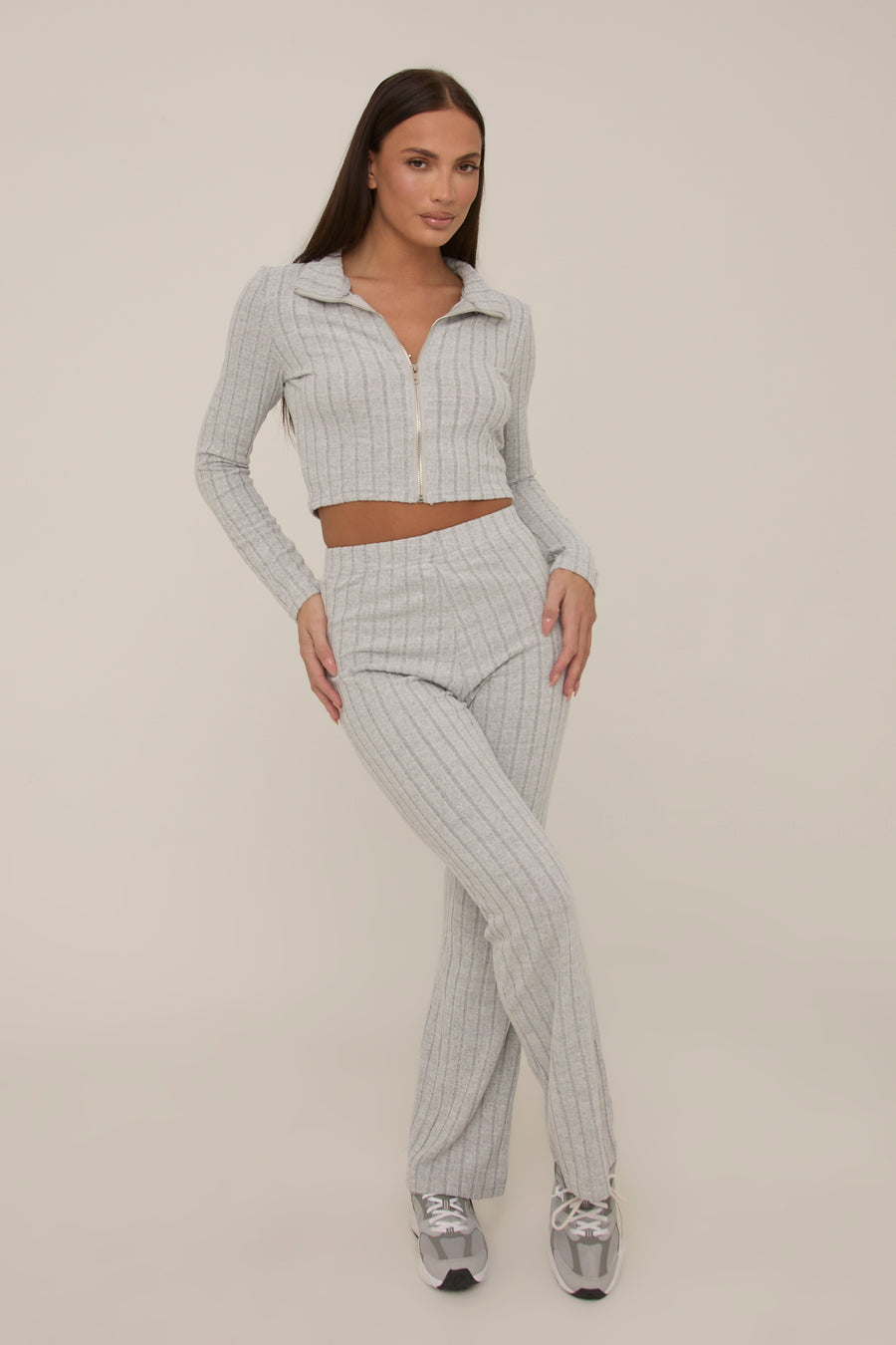 Grey Rib Knit Zip Front Trouser Set - Alison