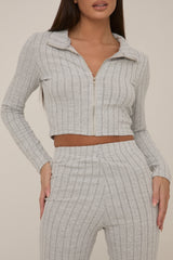 Grey Rib Knit Zip Front Trouser Set - Alison