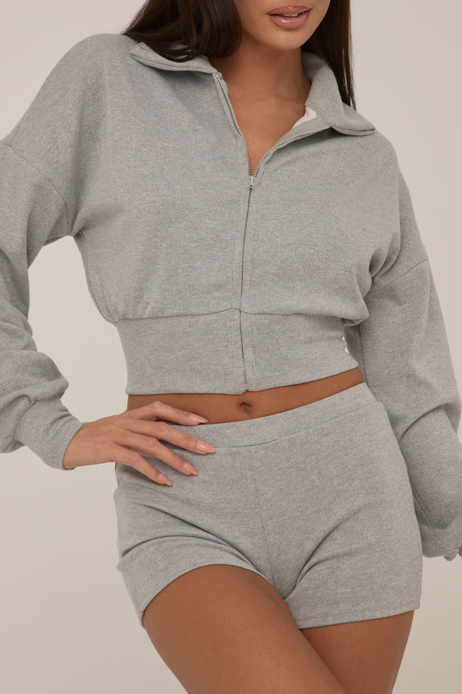 Grey Zip Front Lounge Short Co-ord Set - Aurora