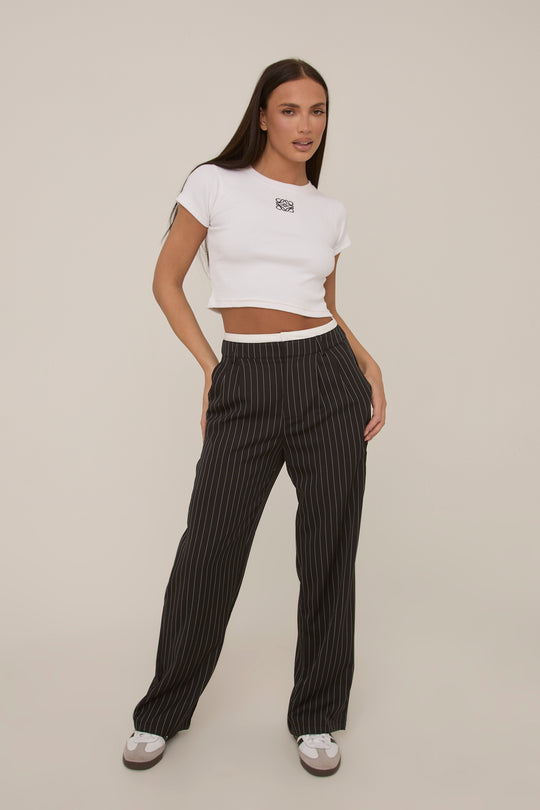 Black Contrast Stripe Wide Leg High Waisted Trousers - Leilani