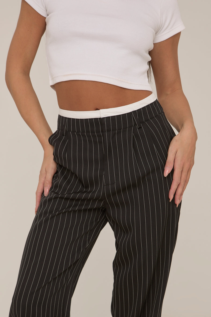 Black Contrast Stripe Wide Leg High Waisted Trousers - Leilani