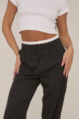 Black Contrast Stripe Wide Leg High Waisted Trousers - Leilani