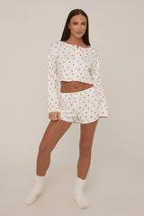 White Floral Printed Rib Shorts Lounge Set - Darya