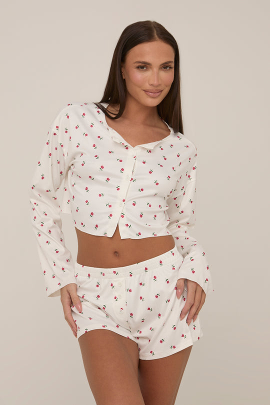 White Floral Printed Rib Shorts Lounge Set - Darya