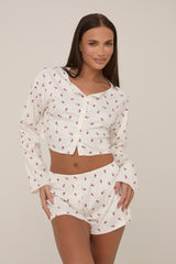 White Floral Printed Rib Shorts Lounge Set - Darya