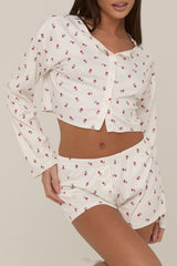 White Floral Printed Rib Shorts Lounge Set - Darya