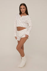 White Floral Printed Rib Shorts Lounge Set - Darya