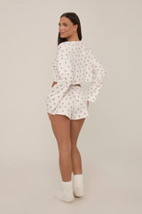 White Floral Printed Rib Shorts Lounge Set - Darya