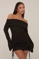 Black Rib Knitted Ruched Side Mini Dress - Xenia