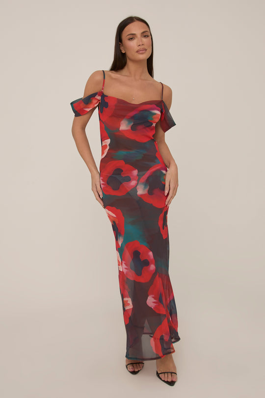 Multi Poppy Printed Sheer Cowl Maxi Dress - Alohi