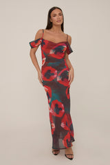Multi Poppy Printed Sheer Cowl Maxi Dress - Alohi