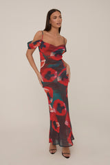 Multi Poppy Printed Sheer Cowl Maxi Dress - Alohi