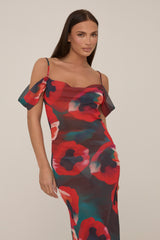 Multi Poppy Printed Sheer Cowl Maxi Dress - Alohi
