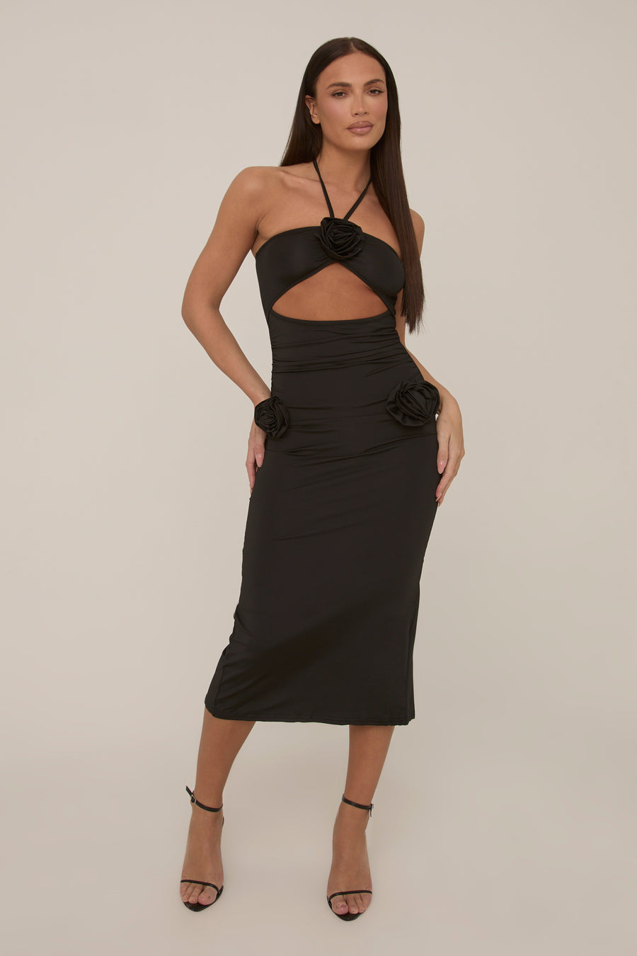 Black Rose Detail Halter Midi Dress - Pixie
