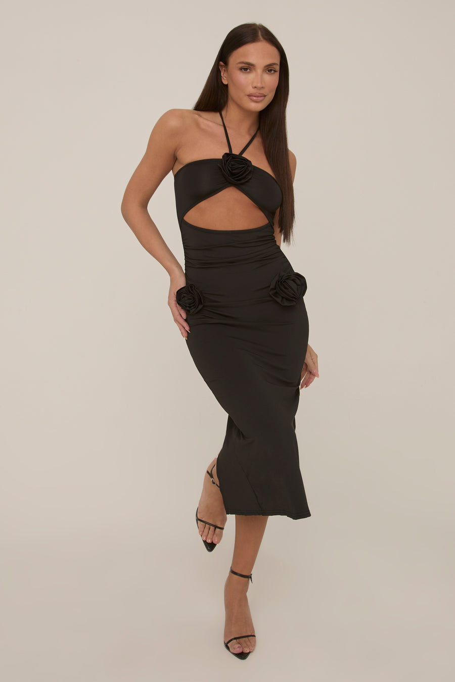 Black Rose Detail Halter Midi Dress - Pixie