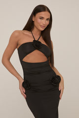 Black Rose Detail Halter Midi Dress - Pixie