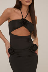 Black Rose Detail Halter Midi Dress - Pixie