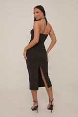 Black Rose Detail Halter Midi Dress - Pixie