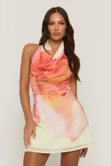 Yellow Floral Print Cowl Neck Mini Dress - Argen