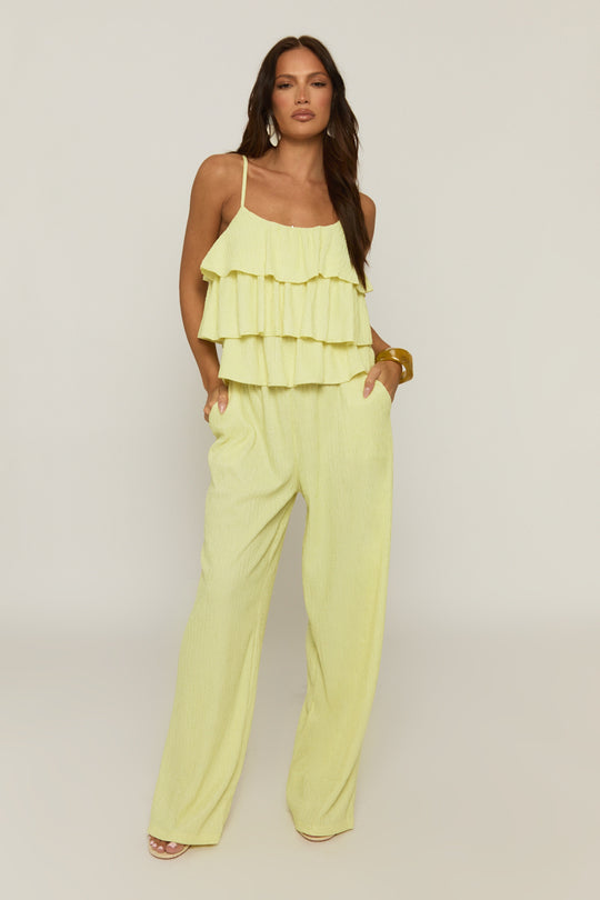 Yellow Textured Ruffle Cami Top and Wide Leg Trouser Co-ord Set - Pisa