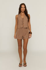 Brown Crinkle Tie Front Top & Shorts Co-ord Set - Stephanie