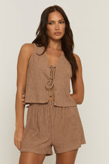Brown Crinkle Tie Front Top & Shorts Co-ord Set - Stephanie