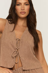 Brown Crinkle Tie Front Top & Shorts Co-ord Set - Stephanie